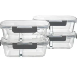 Zestaw 4 pojemników szklanych 1050 ml z przegrodą lunchbox GierekHoff Split 1104 żaroodporne hermetyczne dwukomorowe
