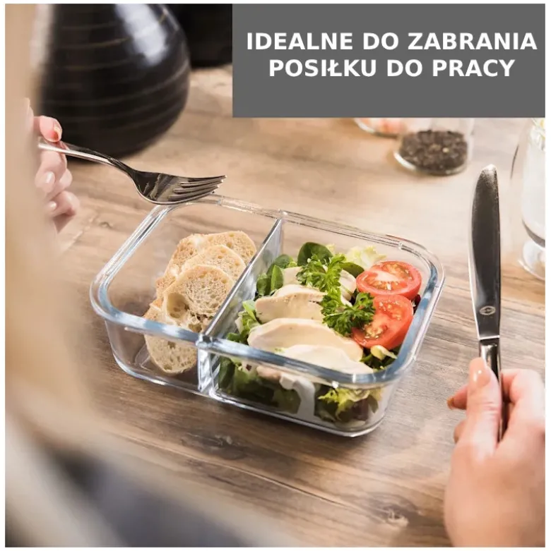 Zestaw 4 pojemników szklanych 1050 ml z przegrodą lunchbox GierekHoff Split 1104 żaroodporne hermetyczne dwukomorowe