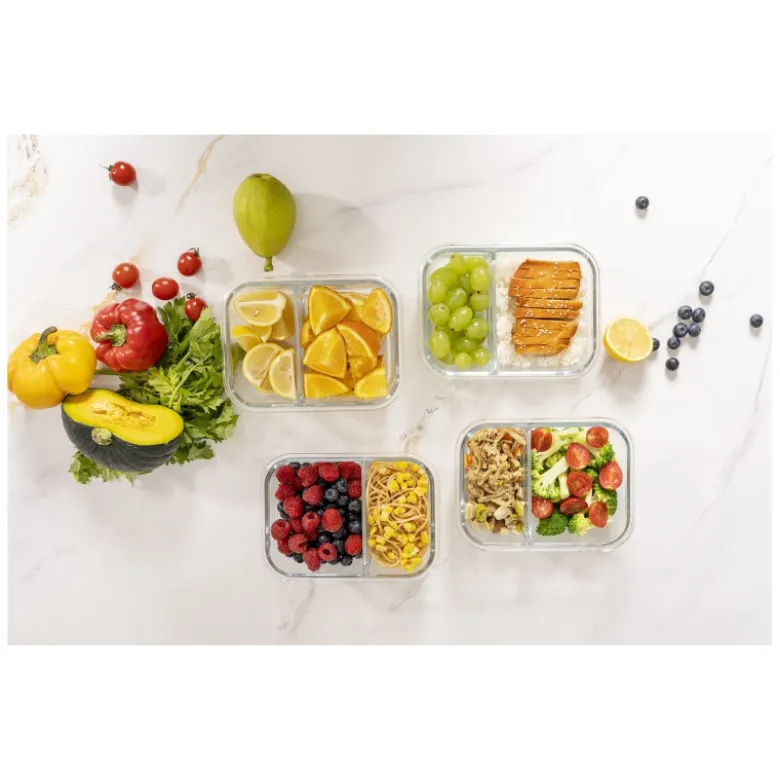 Zestaw 4 pojemników szklanych 1050 ml z przegrodą lunchbox GierekHoff Split 1104 żaroodporne hermetyczne dwukomorowe