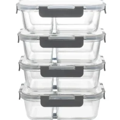 Zestaw 4 pojemników szklanych 1050 ml z przegrodą lunchbox GierekHoff Split 1104 żaroodporne hermetyczne dwukomorowe