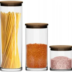 Zestaw 3 szklanych pojemników 600/1000/1600 ml z drewnianą pokrywką komplet MG Home Cucina