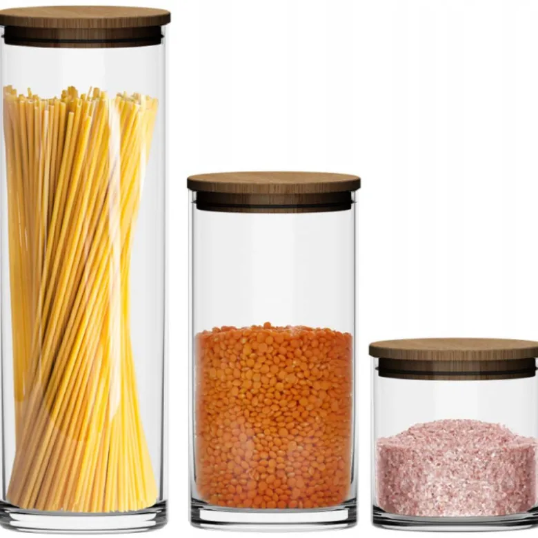 Zestaw 3 szklanych pojemników 600/1000/1600 ml z drewnianą pokrywką komplet MG Home Cucina
