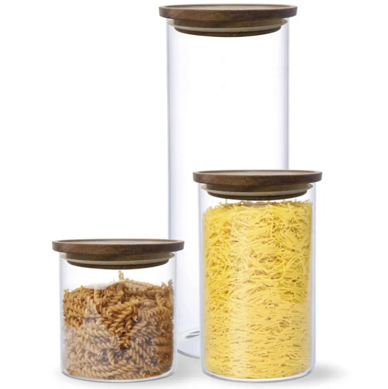 Zestaw 3 szklanych pojemników 600/1000/1600 ml z drewnianą pokrywką komplet MG Home Cucina