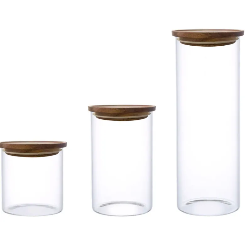 Zestaw 3 szklanych pojemników 600/1000/1600 ml z drewnianą pokrywką komplet MG Home Cucina